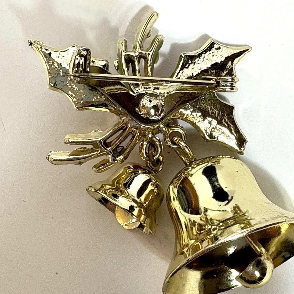 Double Brass Ringing Bells Enameled Holly Brooch Pin Vintage Christmas Holiday